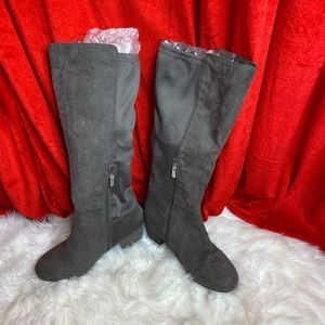 Gray suede knee high boots